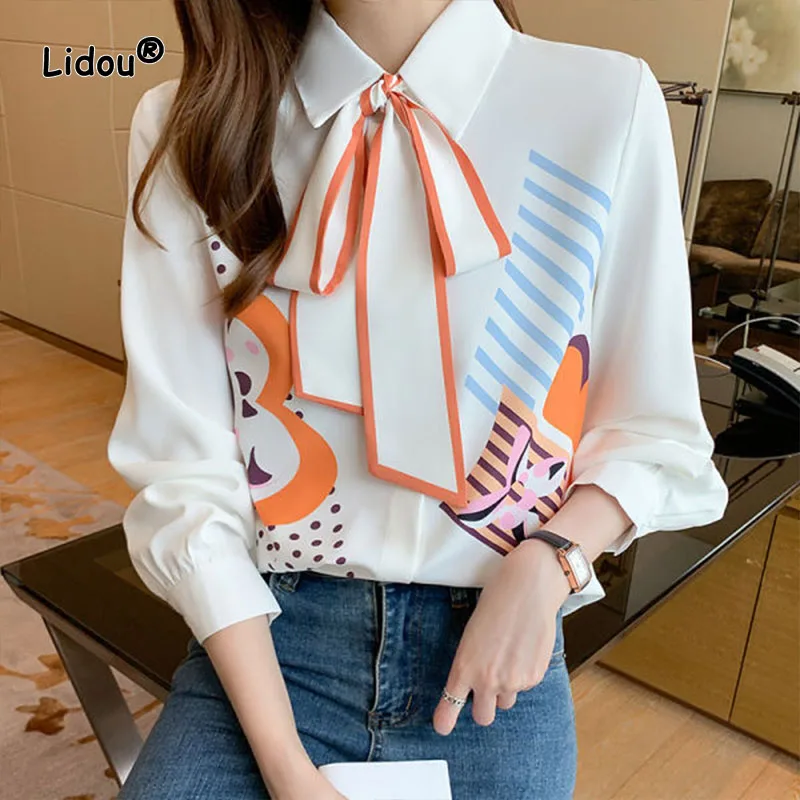 Women Shirt Chiffon Thin Covered Button Casual Print Women's Clothing Bow Spring Autumn Turn-down Collar Long Sleeve Popularity