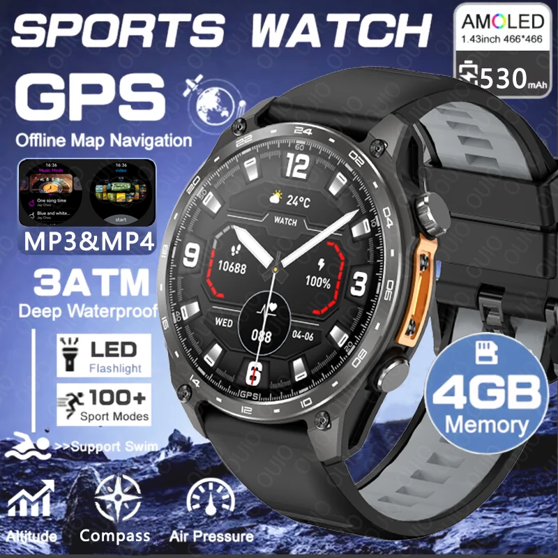 

2026 New Sport Smart Watch 1.43inch 530mAh Large Battery 3ATM GPS Health Tracker Heart Rate BT Call Smart Watch For Men Women