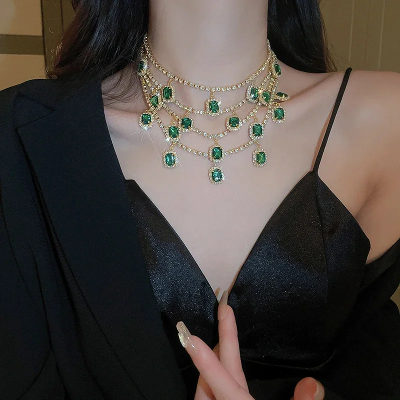 

Luxury Green Gemstone Crystal Multi Layer Rhinestone Chain Necklace for Women Bridal Wedding Party Female Jewelry Accessory