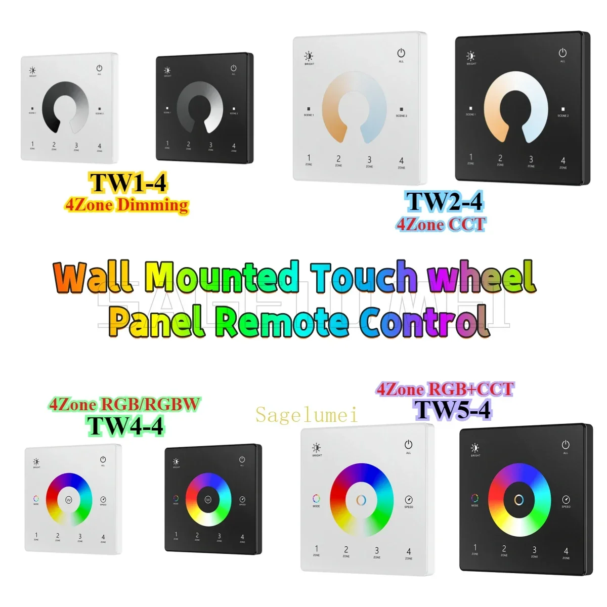 TW1-4/TW2-4/TW4-4/TW5-4 Wall Touch Panel 2.4G RF 4 Zone Smart Dimmer Switch Controller Single Color/RGBW/RGB CCT LED Strip Light