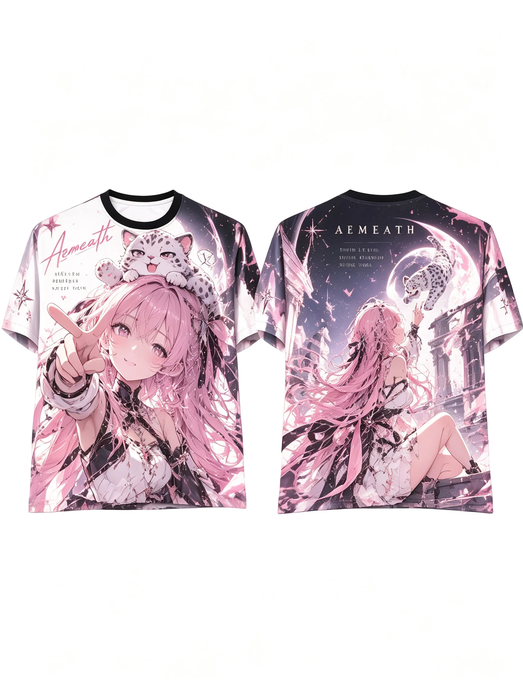 Wuthering Waves Aemeath T-Shirt, Double Sided Print Pink Hair Anime Girl with Snow Leopard Unisex Tee