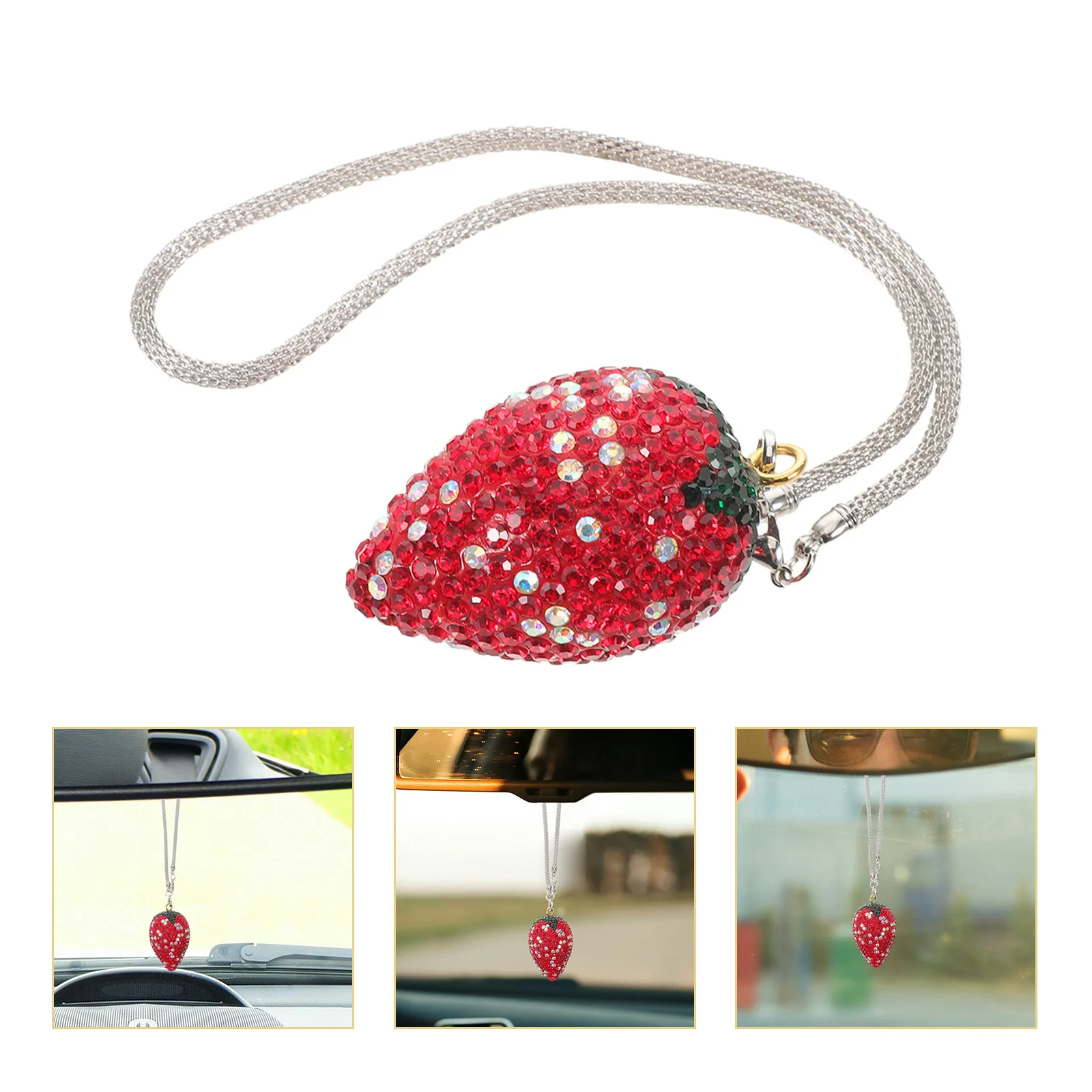 

Car Rearview Mirror Strawberry Pendant Crystal Rhinestone Hanging Red Cute Car Accessories Interior Decorative Charm for