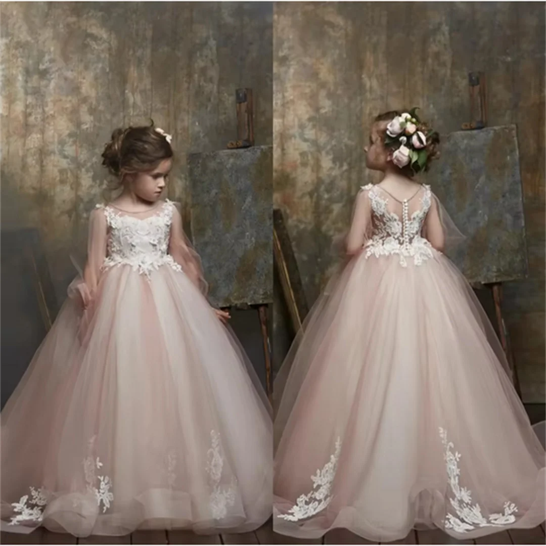 

Flower Girl Dress For Wedding illusion O-Neck Long Sleeves Lace Appliques Dresses Girls First Communion Birthday Gown Customized
