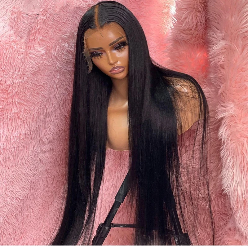 Natural Black Silky Straight Lace Front Wig 26Inch 180Density For Black Women With Baby Hair Glueless Synthetic Preplucked Daily