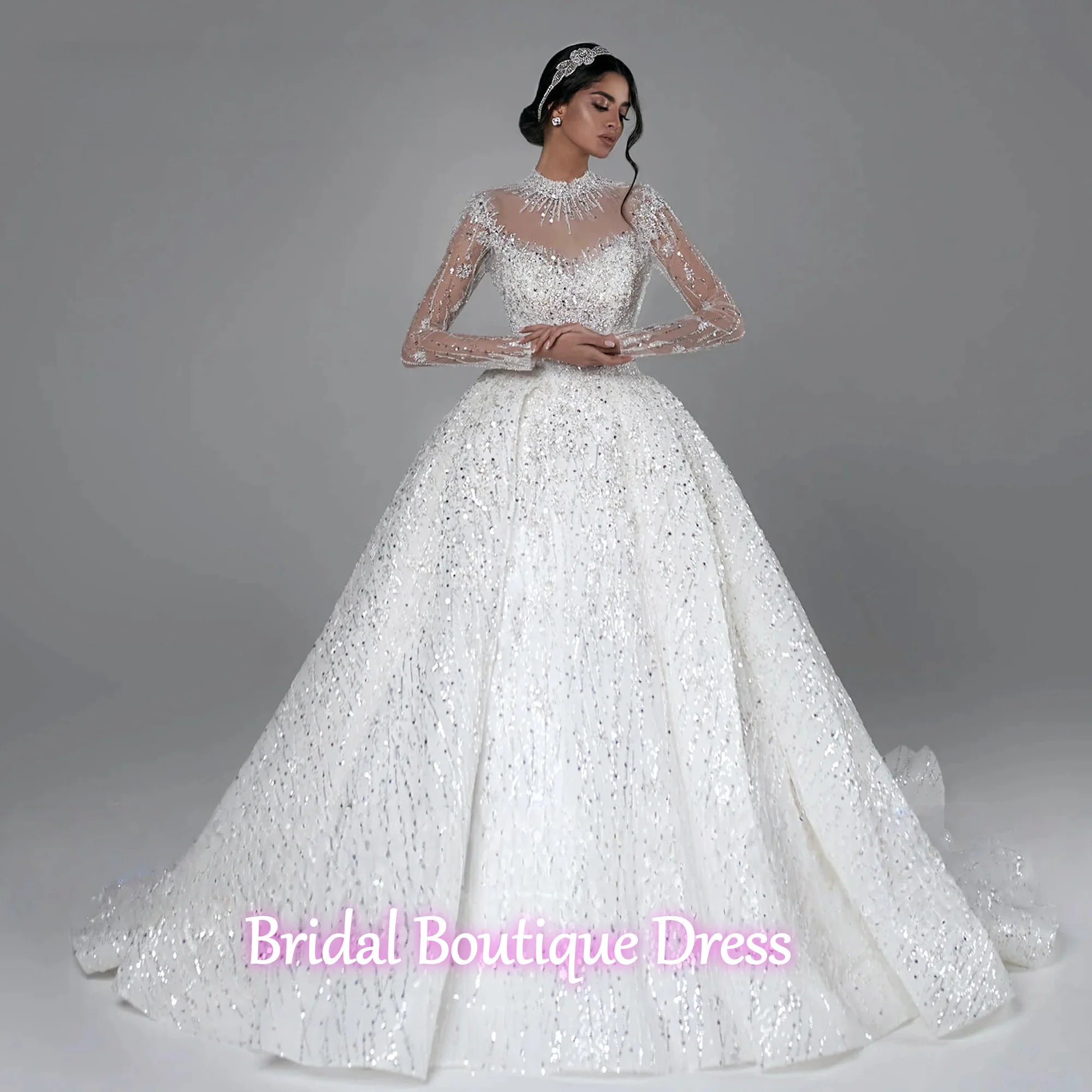 Customized Exquisite  Ball Gown Luxury Wedding Dresses High Neck Long Sleeve Bride Dress Lace Sequined Shiny Robe De Mariee