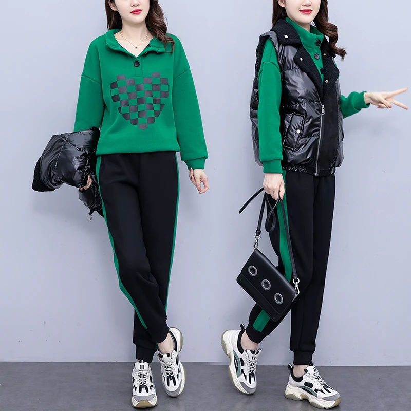 Autumn Winter Three-piece Set For Women 2023 Vest Fleece Sweatshirt Tops And Pants Large Size Female Thick Green Red Sport Suit