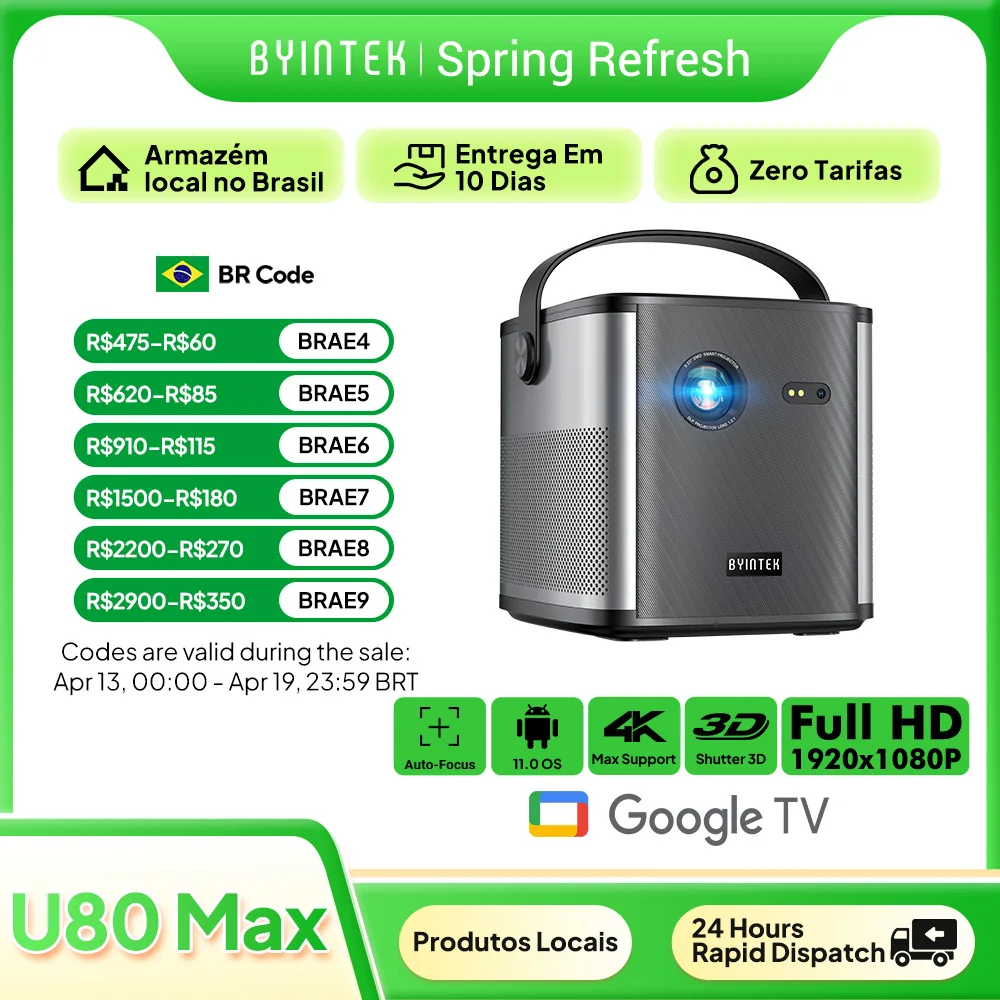 

BYINTEK U80 Max Projector 3D 4K Cinema Android 11.0 WiFi Mini Portable 1080P Home Theater Video DLP Projector with Battery