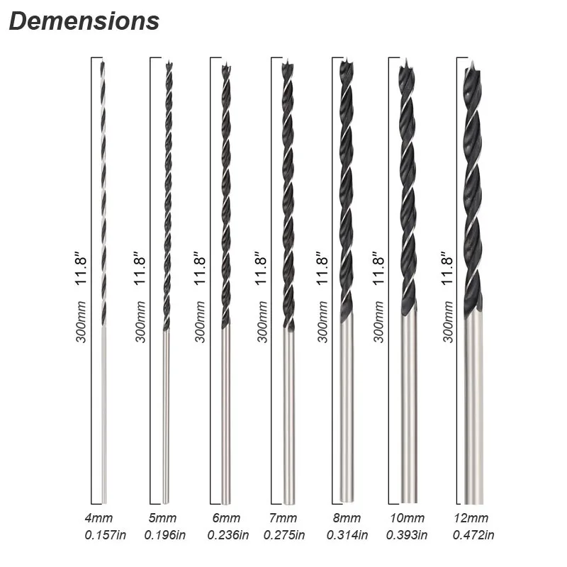 Brad Point Drill Bit Set Extra Long 300mm Center Locator Twist Carbon Steel Woodworking for Hardwood Plywood Plastic Aluminum