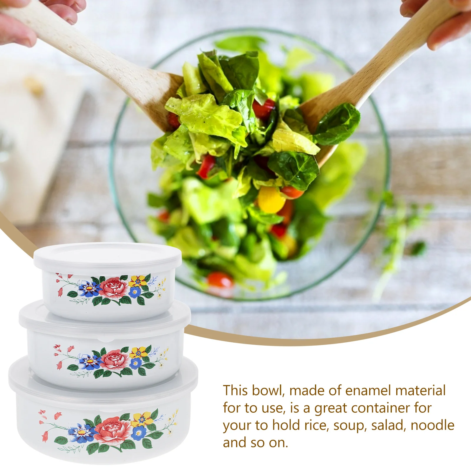 

3Pcs Food Container Set Enamel Mixing Bowls for Food Preservation Soup Rice Salad Bento Lunch Storage Bowl Enamel Bowls