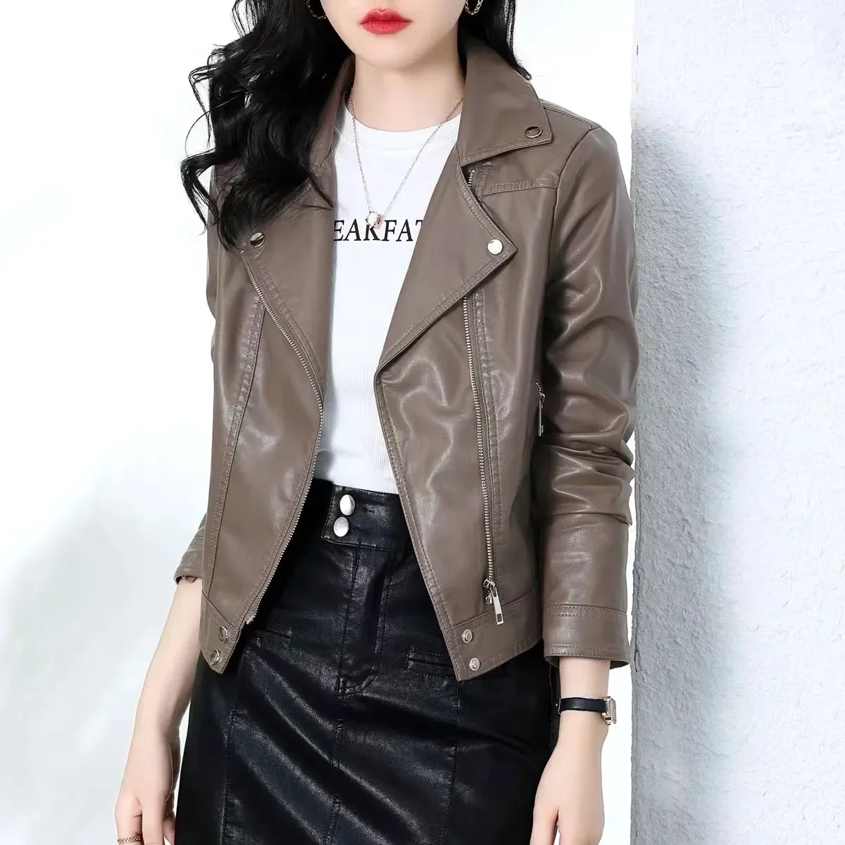 

Fashionable Short Women's Leather Jacket Autumn Winter Spring Hot Sale of The Season Trendy Outerwear Zipper Full Sleeve