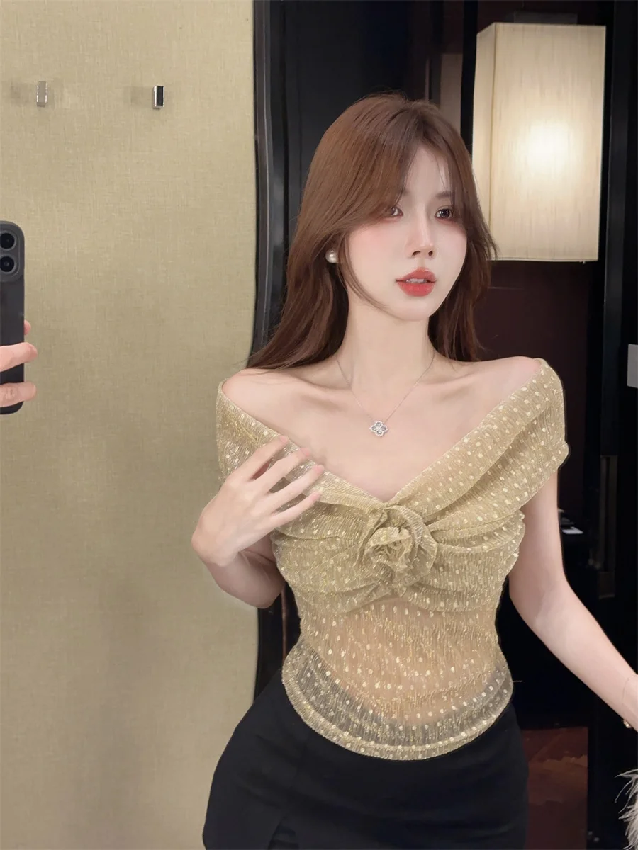 Koreanische Sle Sanfte Blumen Eine oulder aushöhlen Pure Desire Polka Dot Abnehmen ort Top frauen Sommer T-shirt