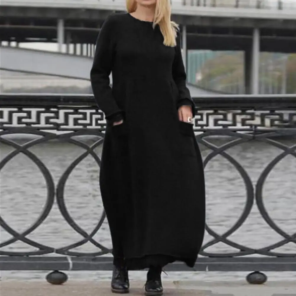 Lady Sweatshirt Dress Loose Fit Fleece Long Sleeve Round Neck Pockets Maxi Dress Solid Color Lace Trim Pullover Dress For Daily