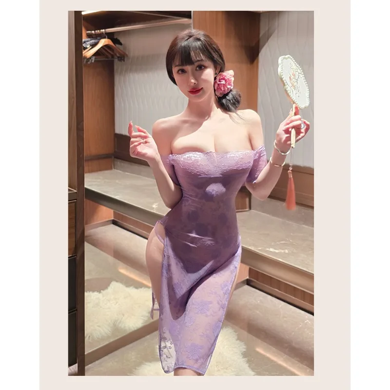 السيدات الملابس الداخلية المثيرة الدانتيل جوفاء خارج منظور فستان أرجواني رغبة نقية ملابس خاصة مجموعة شيونغسام الساخنة