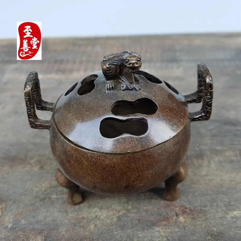 Antique Collection: Old Patina Alloy Copper Living Room Decorative Ornament - Pixiu Double-Eared Three-Legged Censer 8x8CM