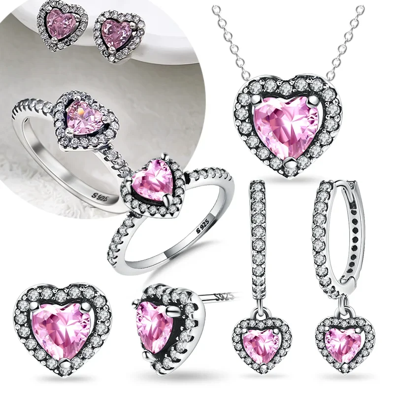 진짜 실버 S925 핑크 하트 반짝이 러브 지르콘 주얼리, 세트 매력 반지 목걸이 귀걸이, 여성용 절묘한 고급 주얼리 선물