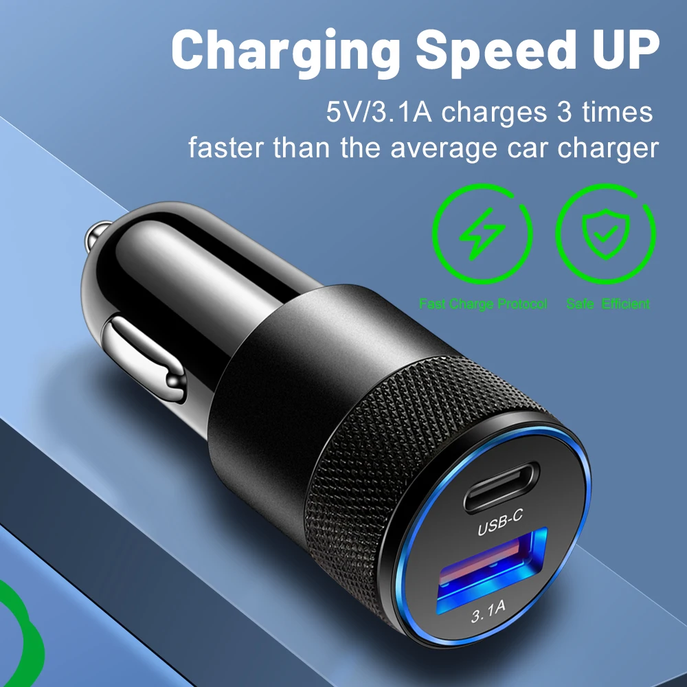 3.1A USB Car Charger Type C Fast Charging Phone Adapter For Xiaomi Huawei PD Phone Charger Adapter Socket Cigarette Lighter