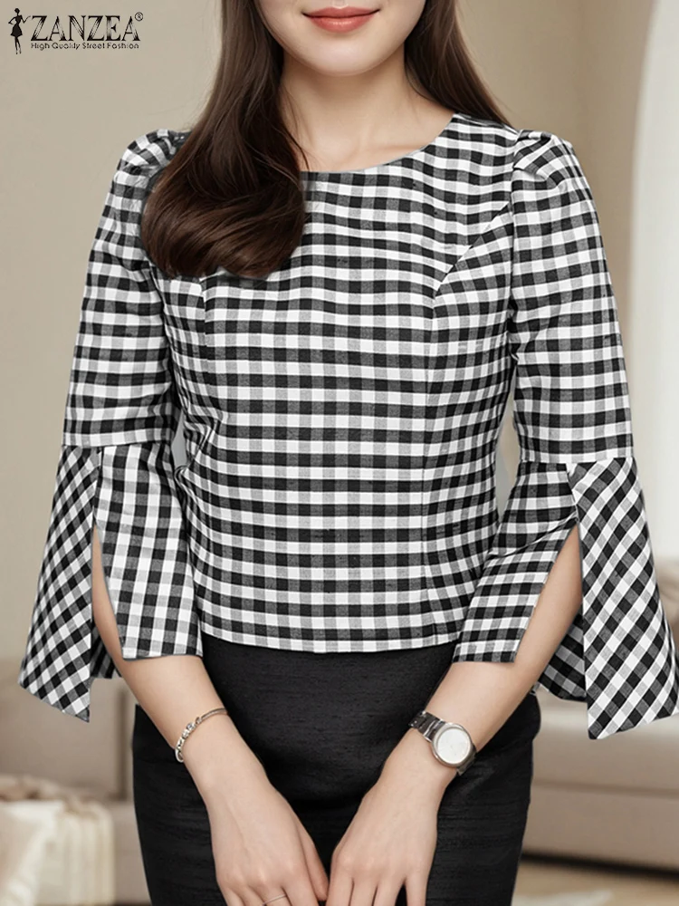 ZANZEA 2025 Spring Blouse Women Plaid Pullover Split 3/4 Flare Sleeve Tops Casual OL Work Tunic Fashion Oversized Loose Tops