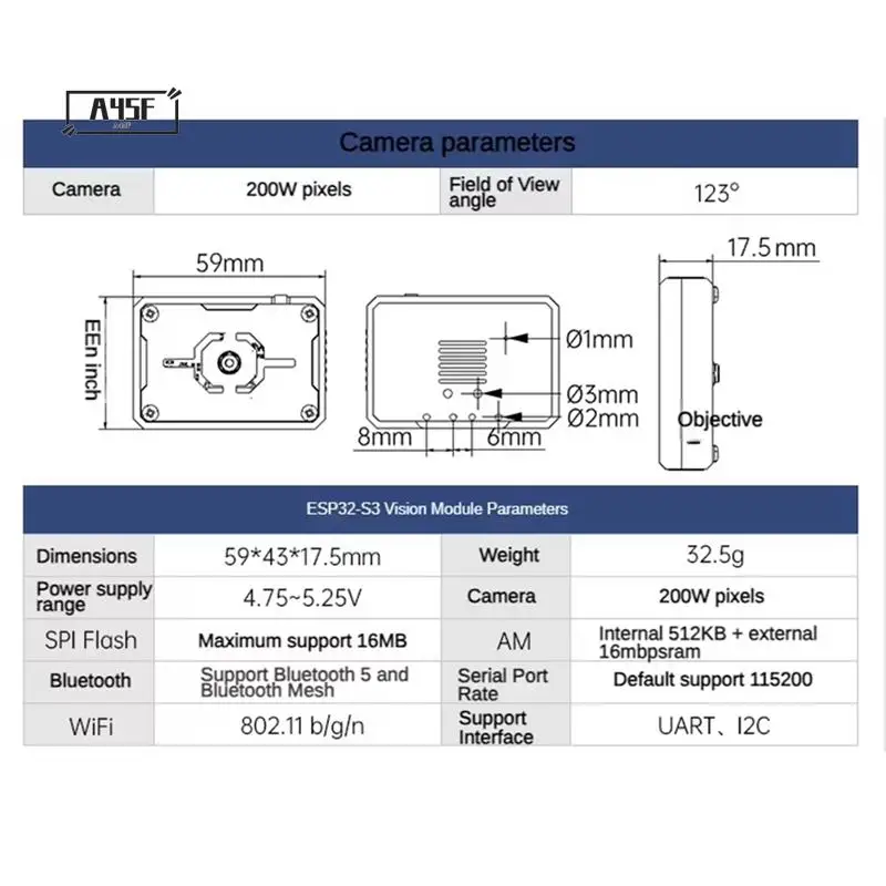 

A45F-New Wifi Camera Module ESP32-S3 Image Transmission For ROS Robot Car Trolley AI Visual Recognition Sensor Camera