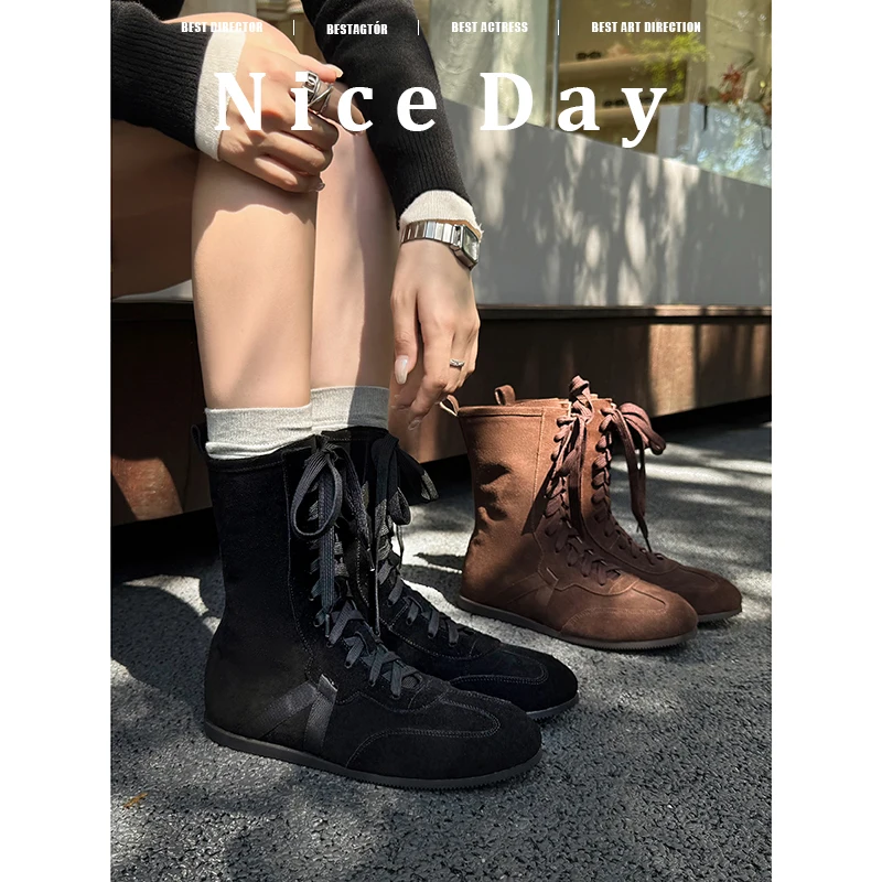 2026 new autumn winter women ankle boots 22-24.5cm cow suede round toe lace up side zipper low heel short boots sexy fashion