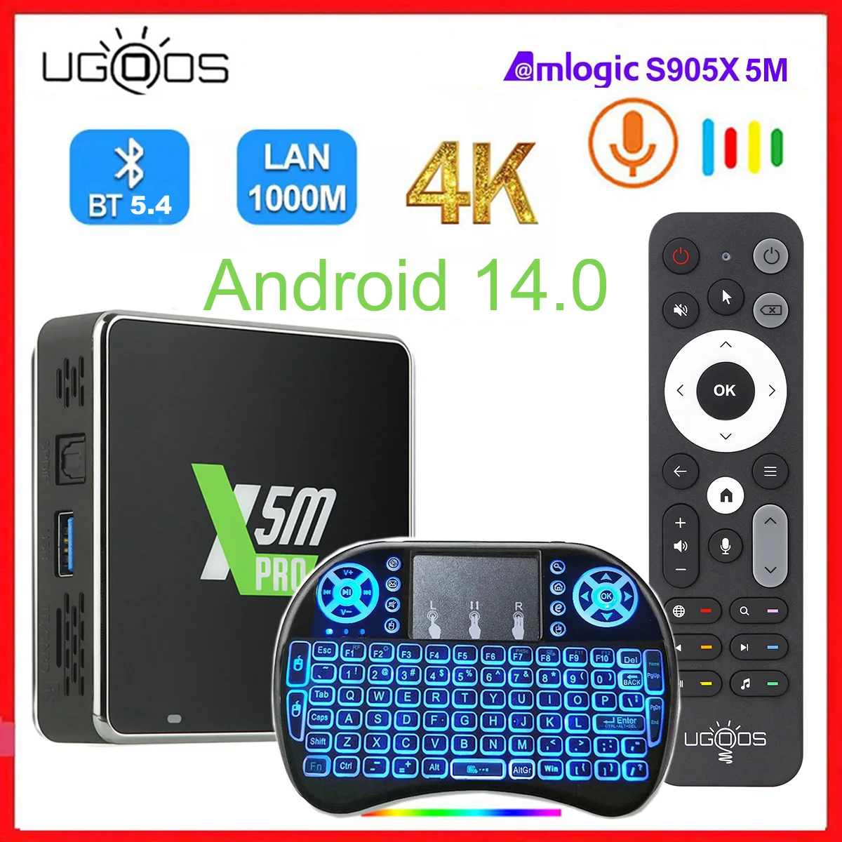 UGOOS X5M PRO TV Box Android 14 Amlogic S905X5M 4GB 32GB 4K 60fps AV1 WiFi 6 BT54 جيجابت إيثرنت AI Upscaling مع جهاز تحكم صوتي