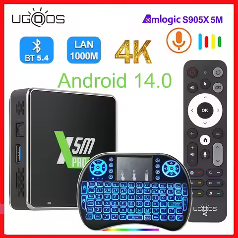 UGOOS X5M PRO TV Box Android 14 Amlogic S905X5M 4GB 32GB 4K 60fps AV1 WiFi 6 BT54 Gigabit Ethernet AI Upscaling W/ Voice Remote