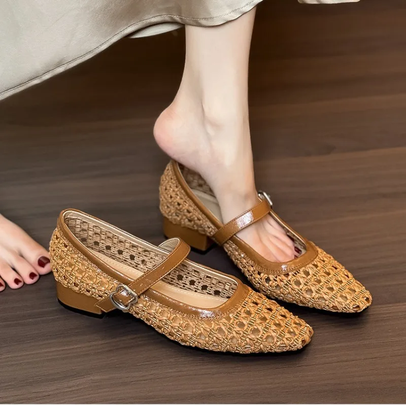 

Women Sandals Summer Mesh Breathable Casual Sandals Fashion Handmade Woven Hollow Sandals One Word Belt Thick Heel Single Shoes