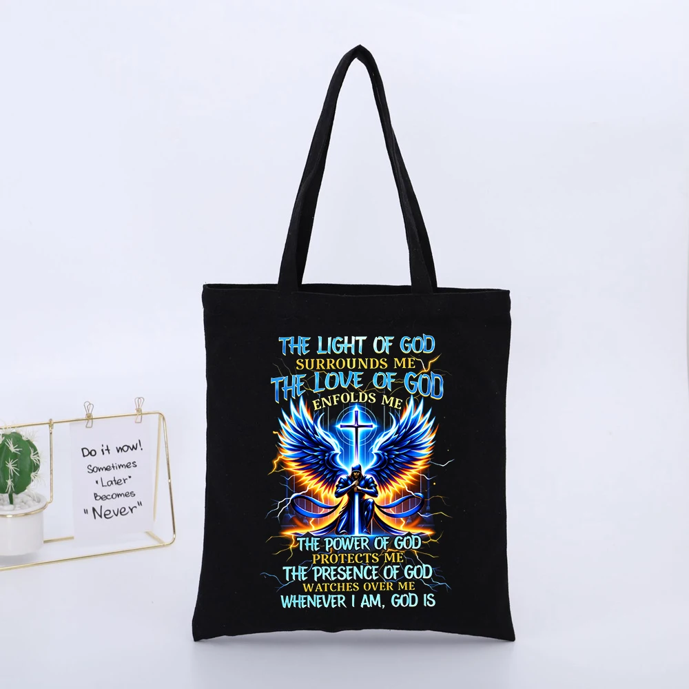 Angel Wing and Cross Print Canvas Tote Bag, Casual Style for Daily Shopping