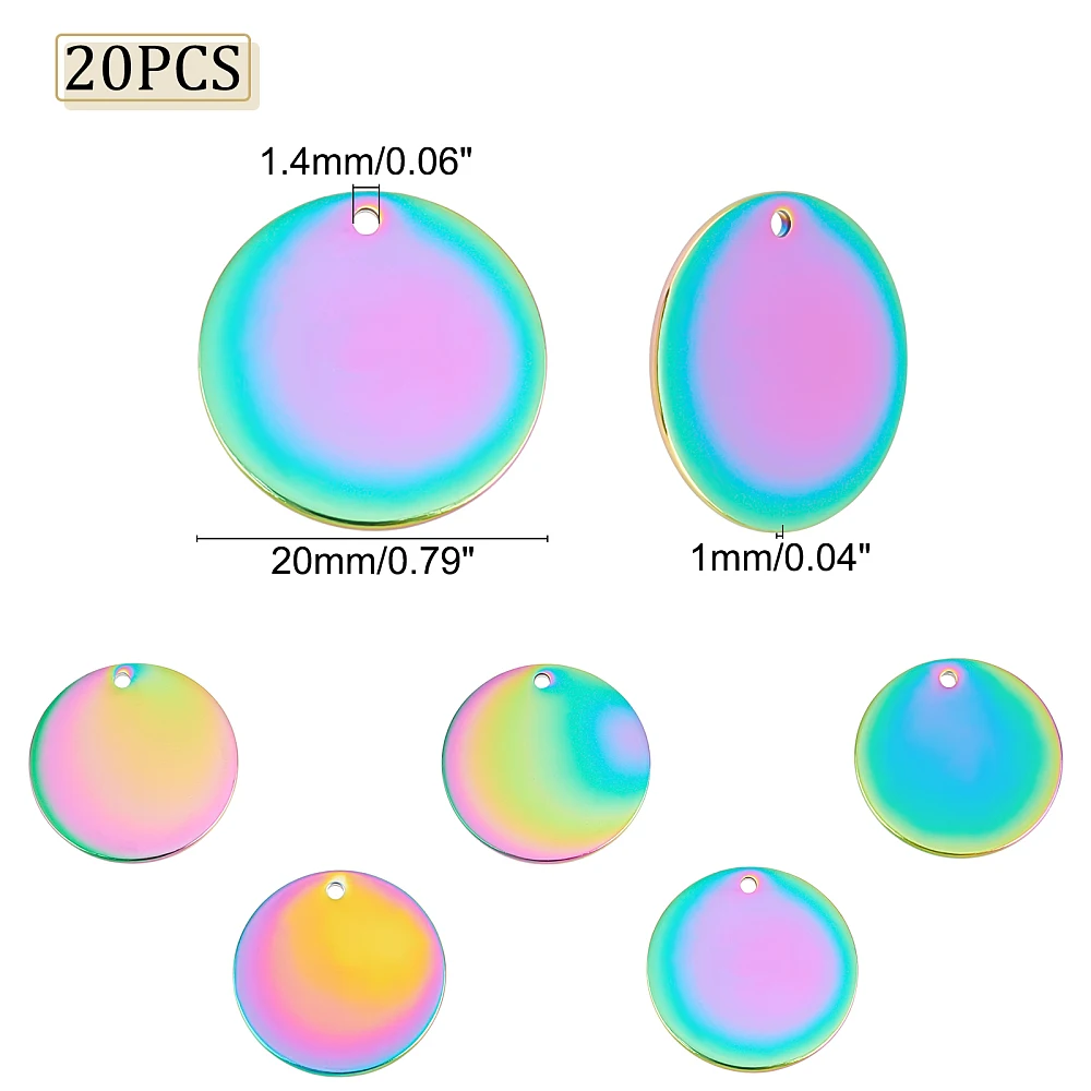 

20Pcs Ion Plating(IP) 304 Stainless Steel Pendants Stamping Blank Tag Flat Round Rainbow Color 20x1mm Hole: 1.4mm