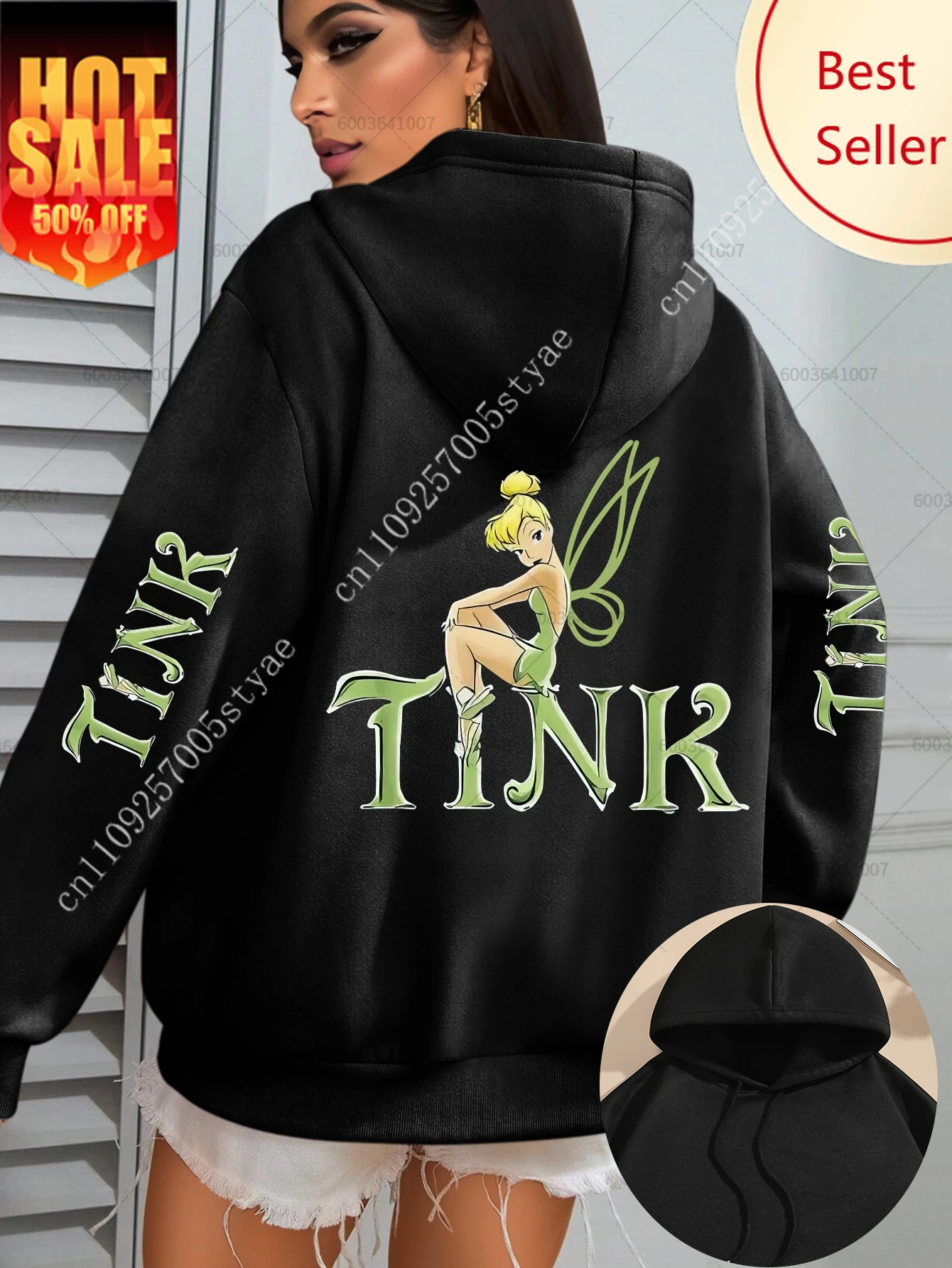 

Disney Women's Sparkling Tinker Bell & Stars Fleece Hoodies Cotton Hoody Sweatshirt Pullover Autumn Winter Oversize Long Sleeves