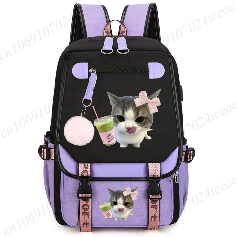 Mochila Escolar Cat Boba para Estudantes, Mochila Escolar com Estampa de Gato e Chá com Leite, Mochila Macia, Mochila Casual Portátil para Adolescentes