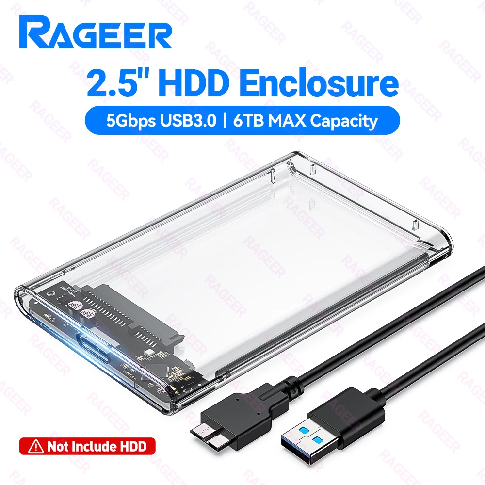 RAGEER 2.5 External Hard Drive Enclosure USB 3.0 to SATA Clear Tool Free Hard Disk Case for 7mm/9.5mm HDD/SSD 5Gbps Support UASP