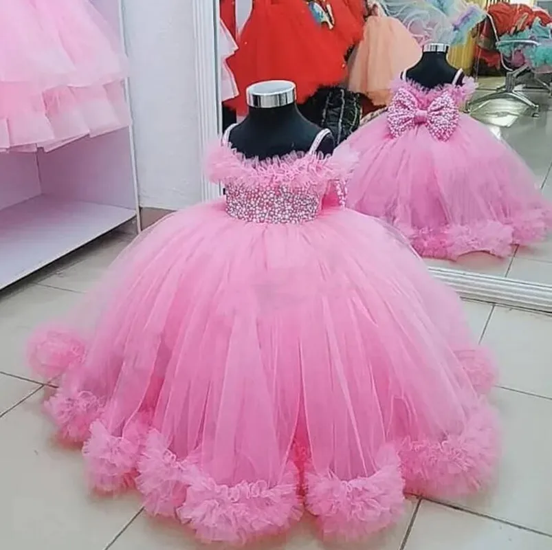 

Vintage Pink Ball Gown Flower Girl Dresses Straps Neck Kid Birthday Party Dress Costumes Photography Gown Custom