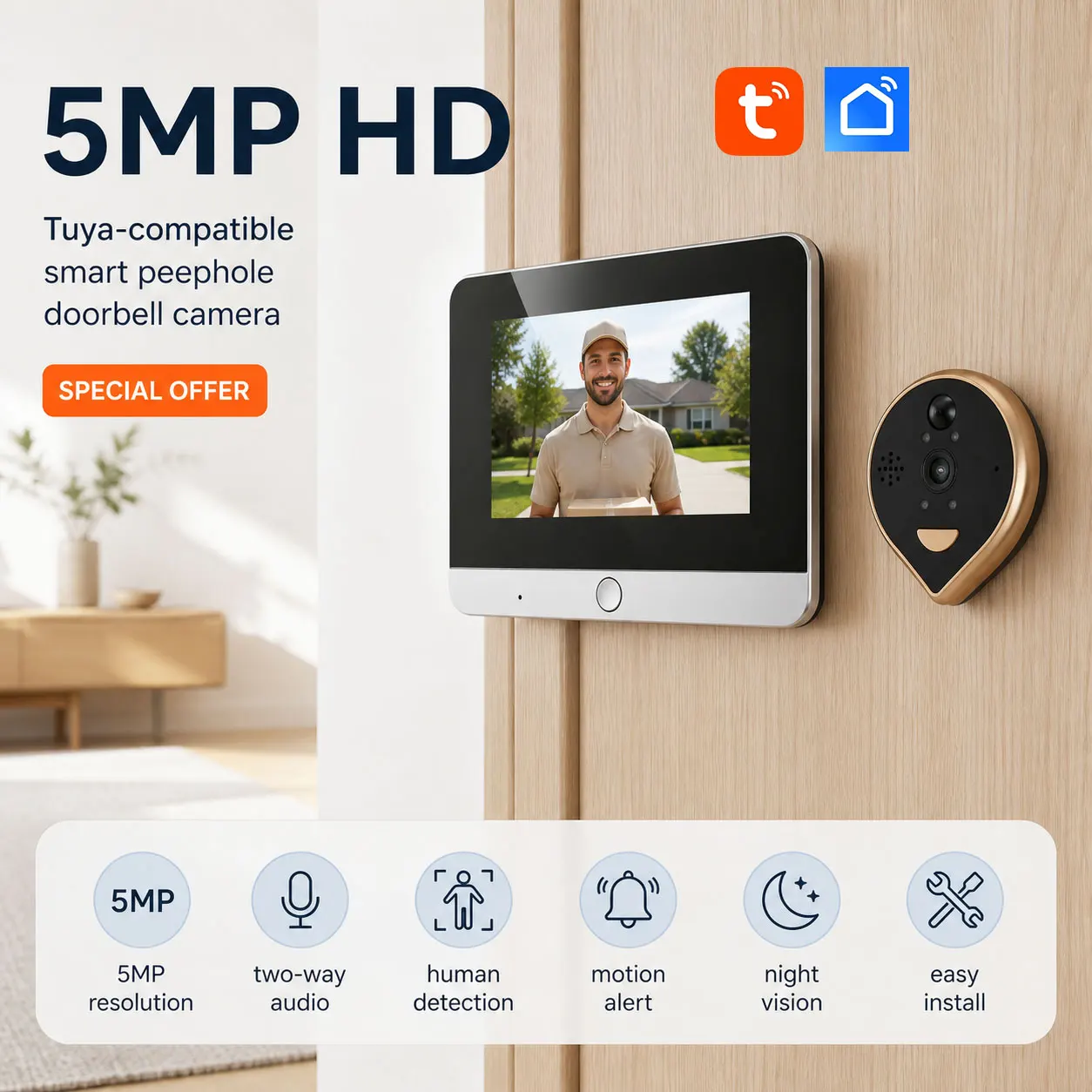 Smart Life 5MP Peephole Viewer Featuring 4.3 Inch Screen WiFi 940NM IR Microwave Radar Motion Detection Door Camera with 5000mAh