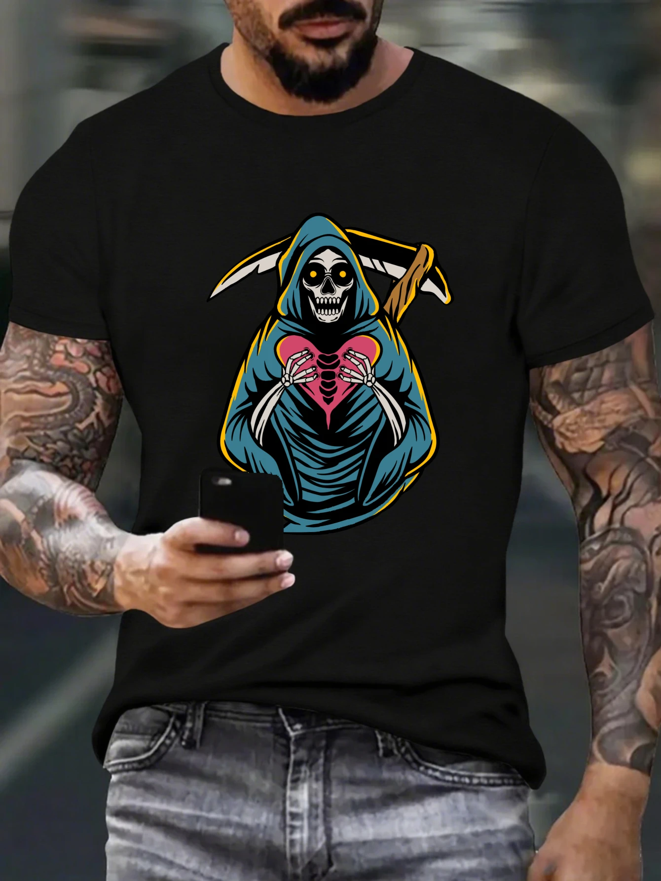 

Men's Vintage Grim Reaper T-Shirt Gothic Retro Casual Streetwear Cotton Tees