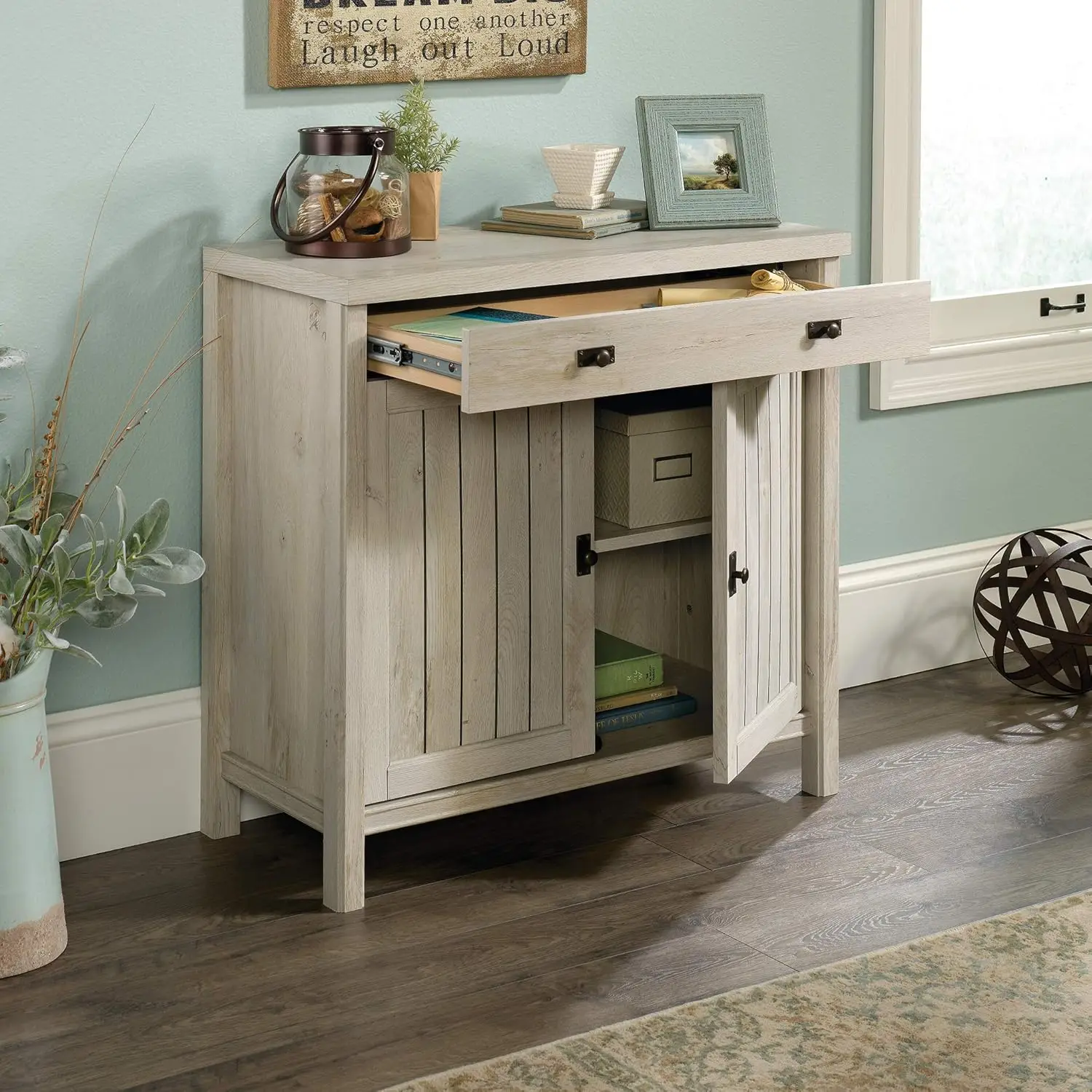 Storage Cabinet with Doors, Library Base for Hutch, in Chalked Chestnut