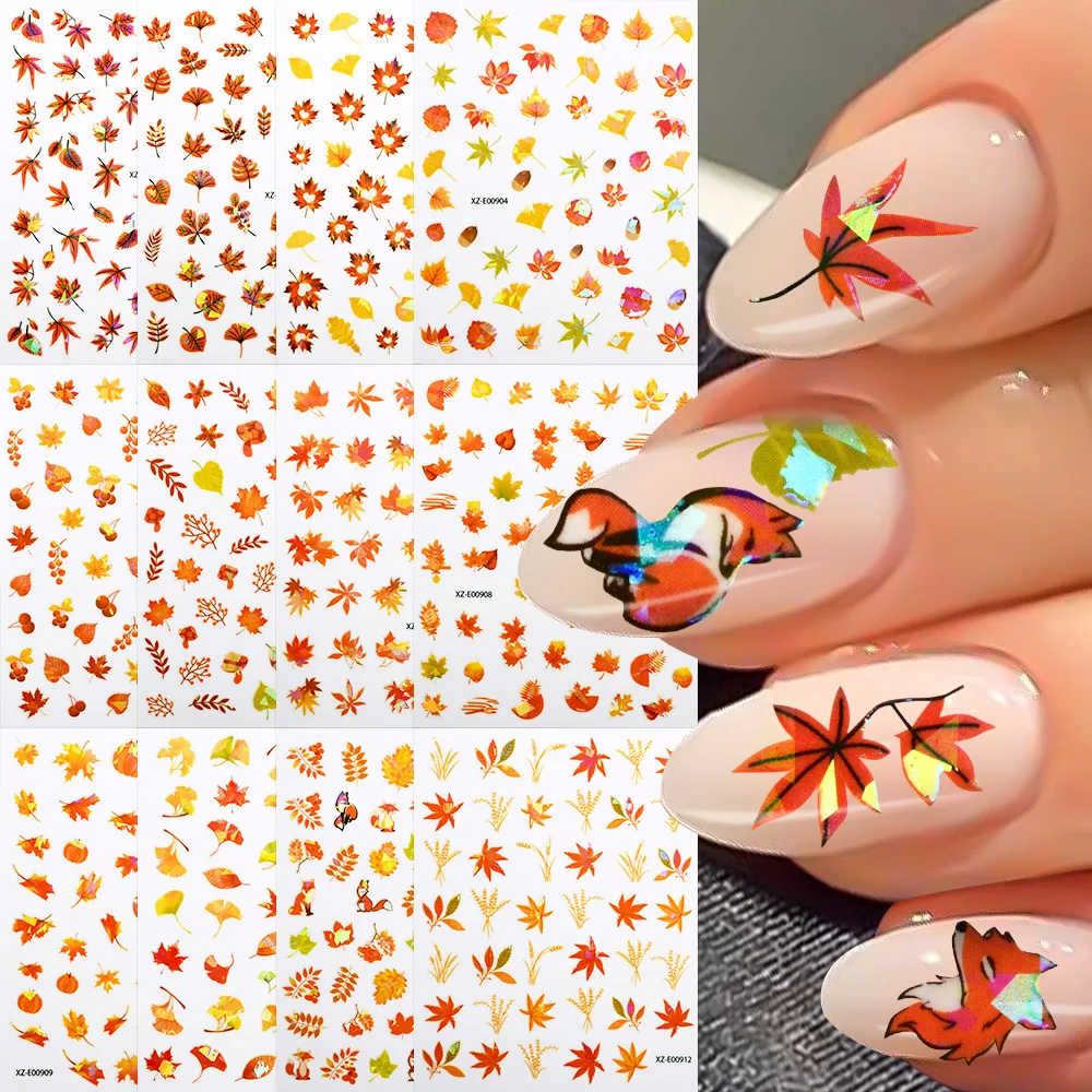 6/12Pcs 3D Halloween Maple Leaf Kürbis Nagel Aufkleber Ginkgo Blätter Fuchs Klebe Aufkleber Thanksgiving Herbst Maniküre Dekorationen