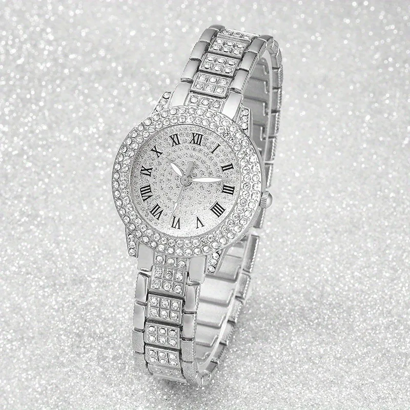 Women Watch Set, Bling Full Diamond Stainless Steel Band Quartz Watch, Elegant Luxury Wrist Watch for Business Daily Casual Wear
