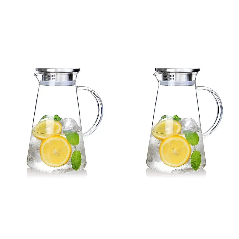 Premium-2X 1.8 Liter Glass Pitcher With Lid, Easy Clean Heat Glass Water Carafe For Hot/Cold Beverages Cold Brew,Tea Juice