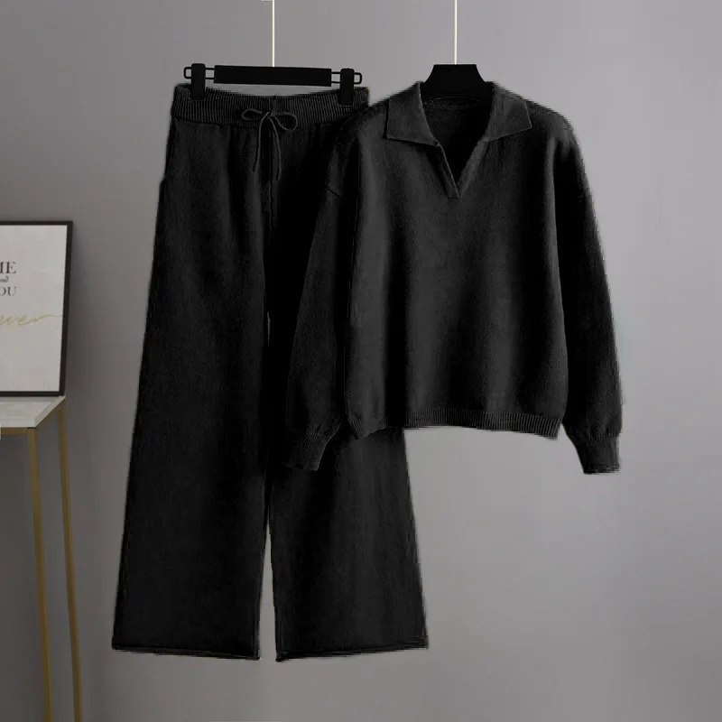 النمط الأوروبي والأمريكي الخريف الشتاء محبوك دعوى المرأة فضفاضة طوق سترة بنطال ذو قصة أرجل واسعة أنيقة الأنجورا اثنين من فطيرة #5