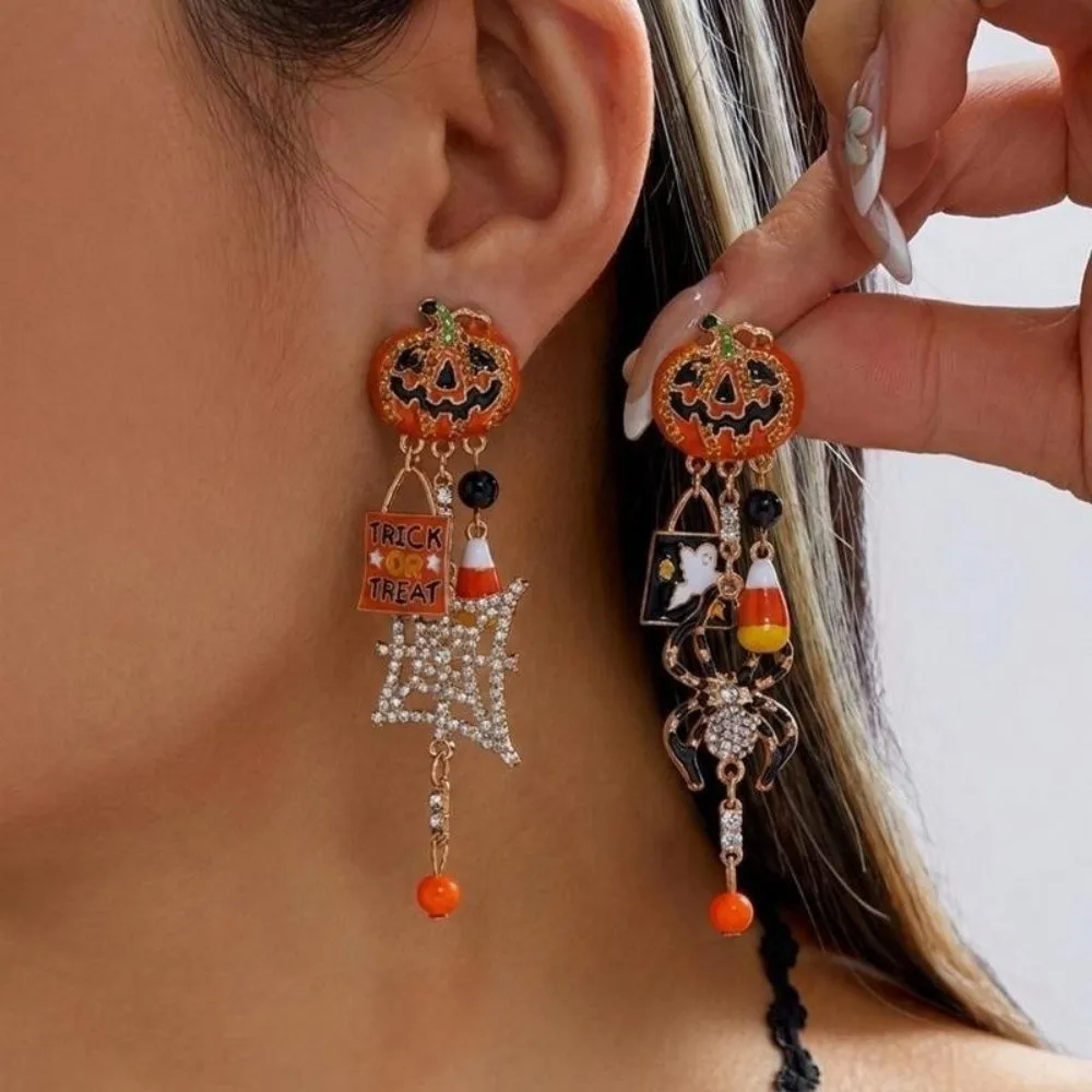Creative Alloy Material Halloween Earrings Long Tassel Design Dripping Oil Effect Pumpkin Earrings Drop Earrings Festival Wear