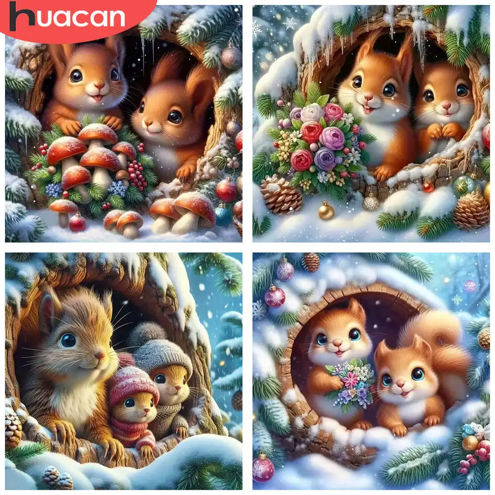 HUACAN 1 Stück Diamantmalerei Niedliche Winter-Eichhörnchen Leinwand Tiere 5D DIY Diamant-Stickerei-Set Vollflächiges Mosaik-Bild Geschenk