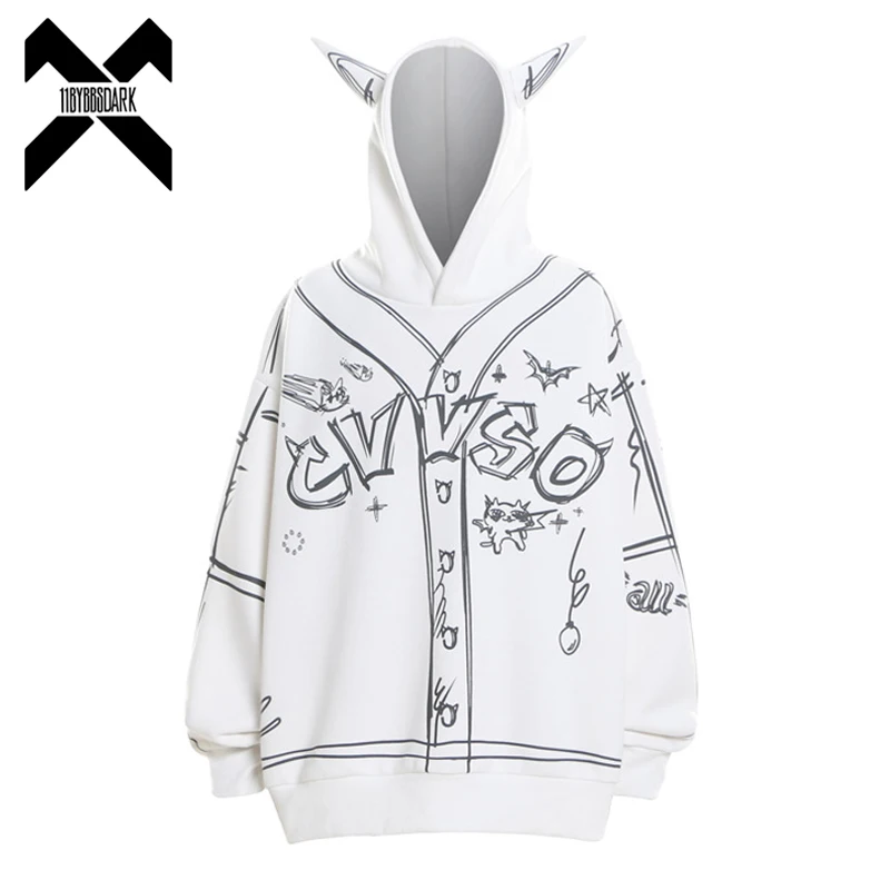 Devil Horn Funny Hoodie Men Winter Fleece Graffiti Sweatshirt Hip Hop Streetwear 2023 new Harajuku Hoodies