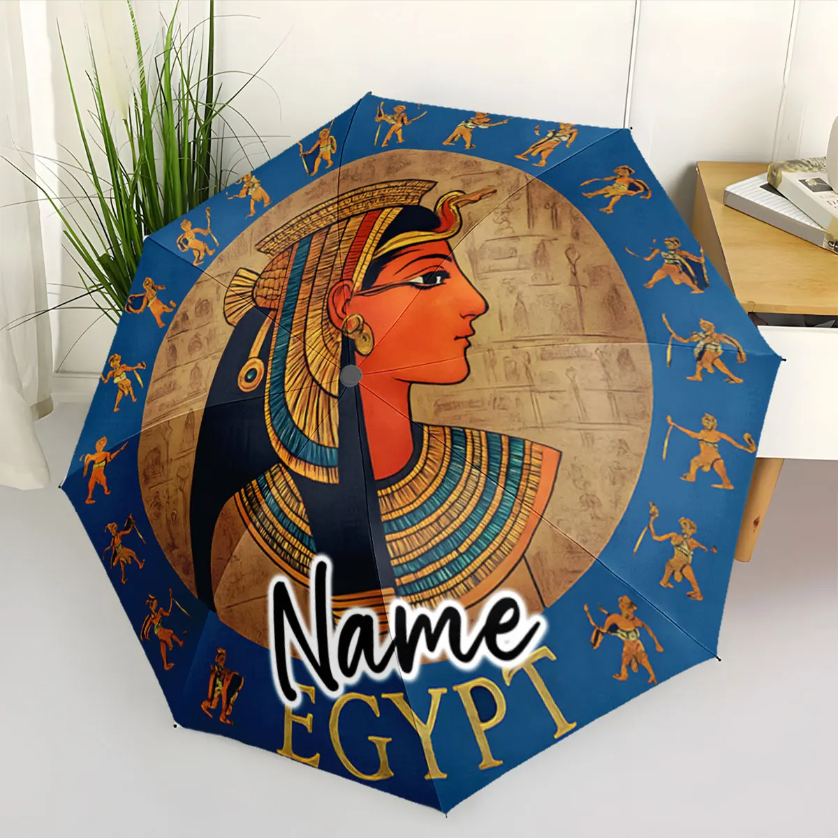Custom Name Umbrella Ancient Egyptian Design on a Blue Umbrella Print 8 Iron Ribs Folding Umbrella Auto-Open Fashion Sunshade