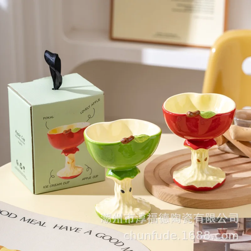 

Apple High Footed Cup, Cartoon Cute Hand-painted 3D Dessert Ice Cream Cup, Apple Shaped Ceramic Spoons Mugs, Couple Pairing Cup
