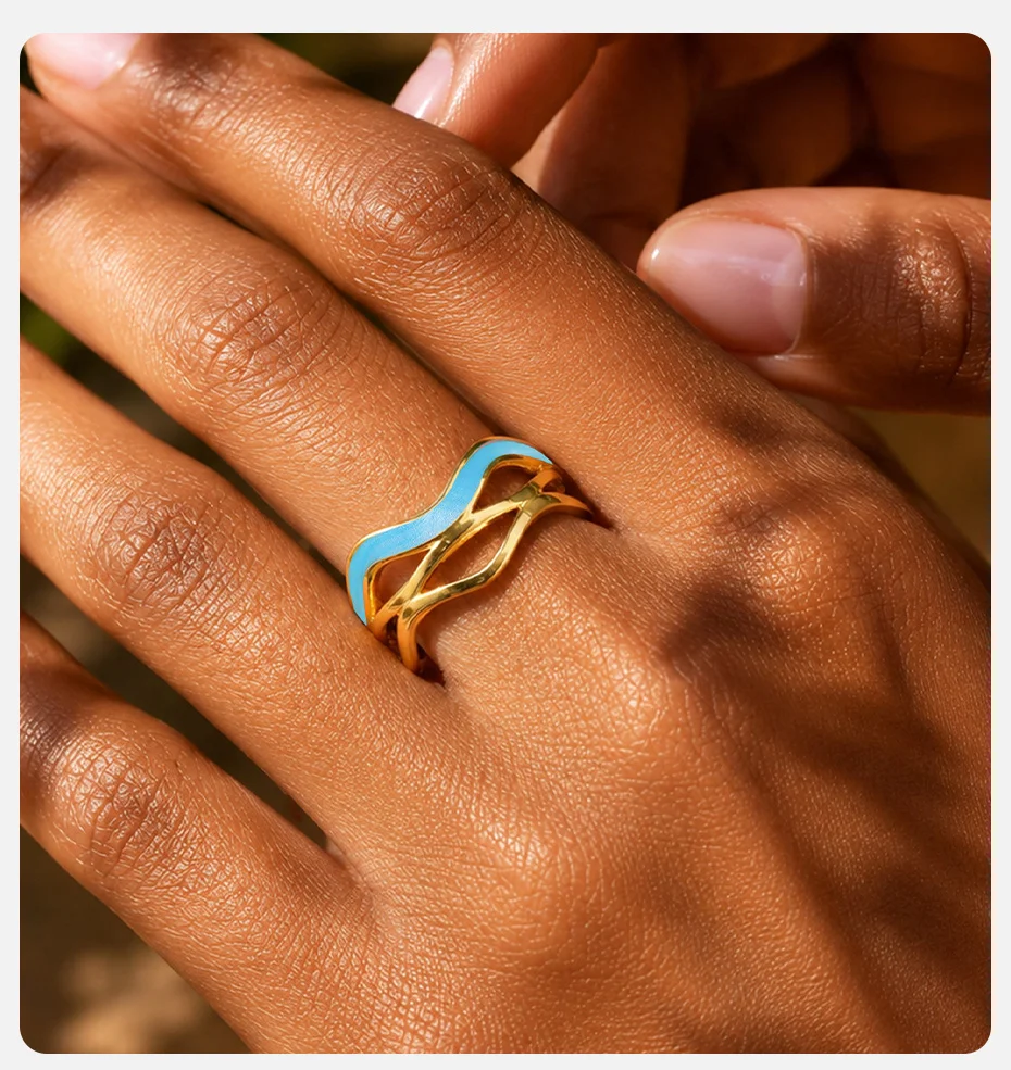 Vnox 18K PVD vergoldete gewellte Öltropfen-Offenringe für Damen, geometrischer, unregelmäßiger Emaille-Ring aus Edelstahl, eleganter Schmuck – Detail 2