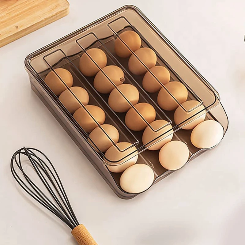 Double-Layer Automatic Filling Egg Storage Box Household Transparent Drawer Egg Tray Space Saving Box Light Coffee Color