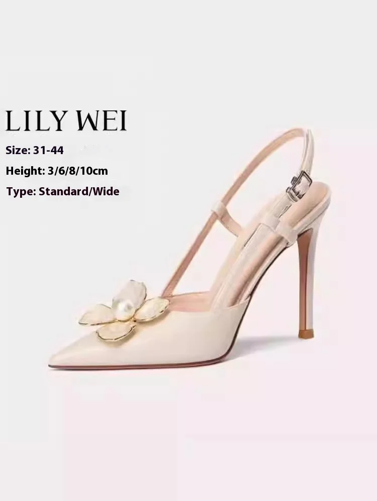 

Босоножки на тонком высоком каблуке на низком каблуке, весенне-летние расширенные женские туфли большого размера с острым носком и жемчужным цветком