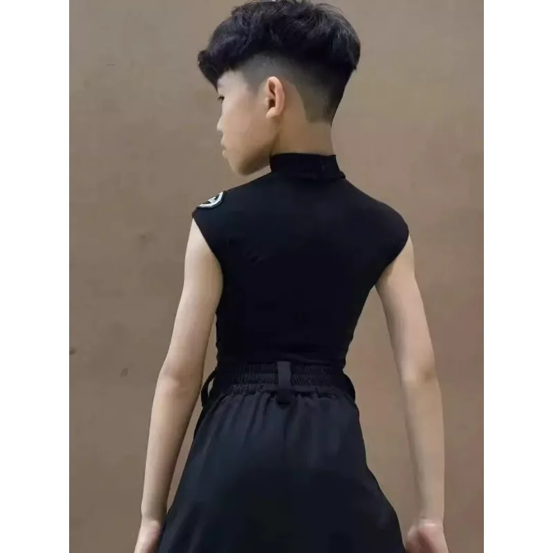 맞춤형 어린이 라틴 댄스복 소년용 메쉬 민소매 상의와 바지 연습복