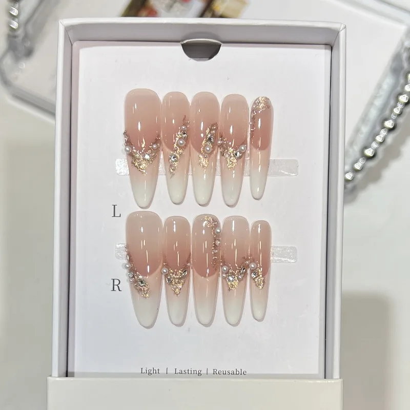 

10pcs Handmade Fake Nails with Design French Nude Color Reusable Adhesive Press on Nails Nail Tips Self-adhesive Stick-on Nails