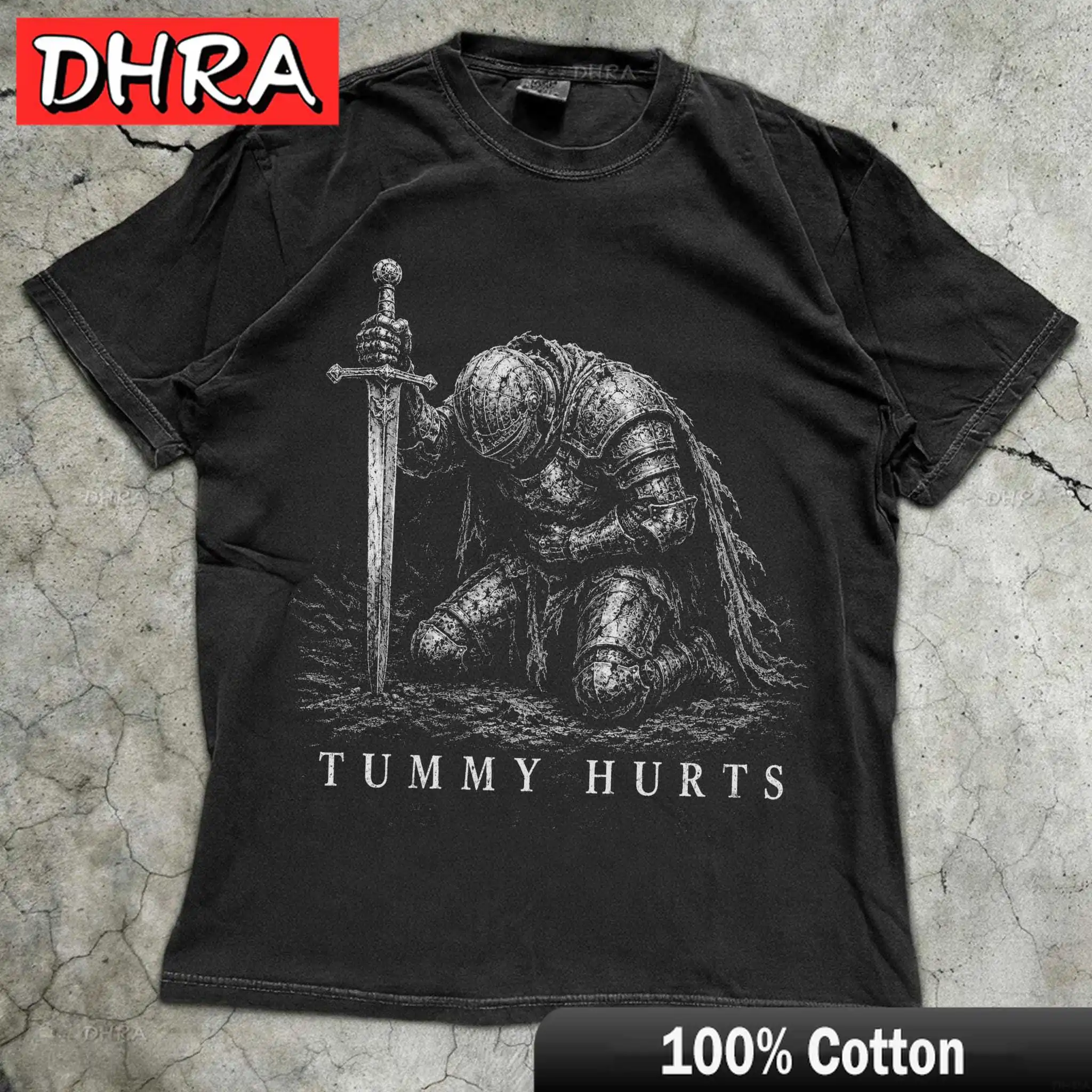 Tummy Hurts Knight T-Shirt Funny Dark Fantasy Vintage Meme Tee Ironic Gamer Girl Gift Retro Elden Knight Heavyweight Cotton Top